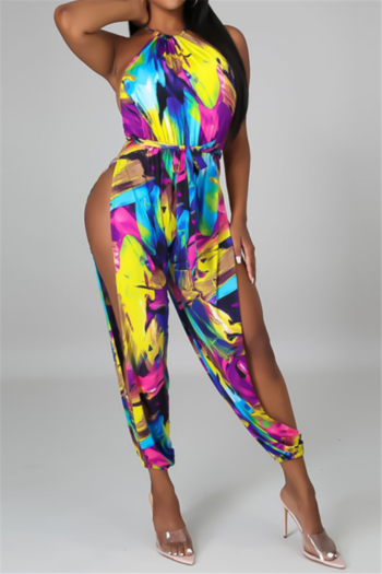 plus size new stylish multicolor batch printing hollow out micro elastic loose jumpsuit (with belt)
