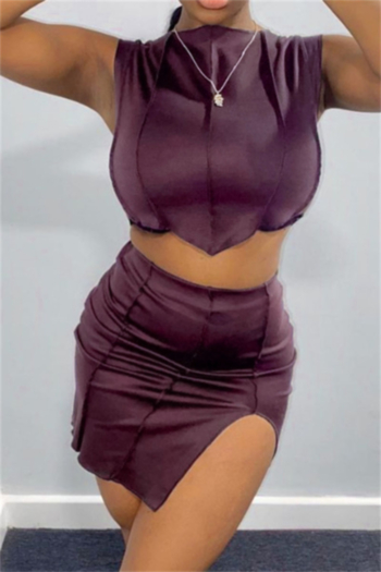 summer solid color sleeveless micro elastic simple slim skirt tight sexy two-piece set