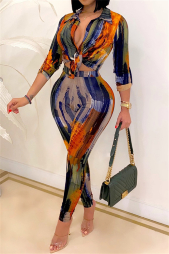 plus size autumn multicolor batch printing single breasted new stylish stretch casual two-piece set