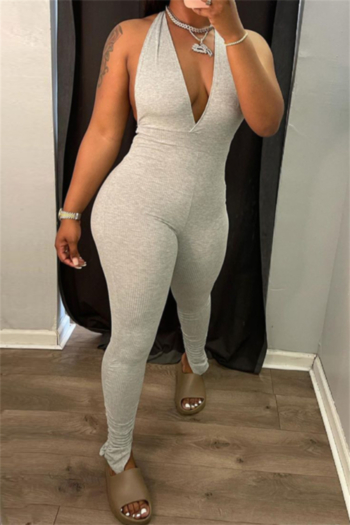 plus size halter neck three colors pure colors stretch open back new stylish sexy jumpsuit