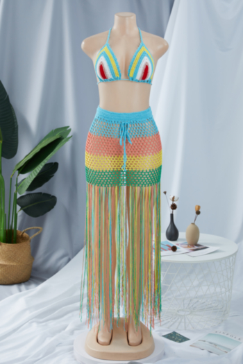 New multicolor knitted unpadded halter-neck swim-top with see through tassel skirt sexy beach two-piece set (Without panties)