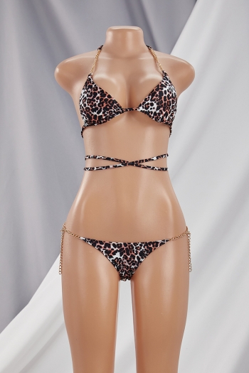 Leopard printing padded halter-neck metal-chain lace-up triangle sexy hot two-piece bikini