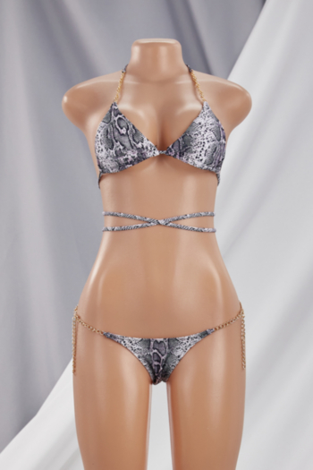 Snake printing padded halter-neck metal-chain lace-up triangle sexy hot two-piece bikini
