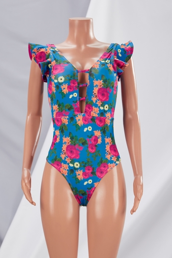 New floral printing padded deep v ruffle sexy one-piece swimsuit