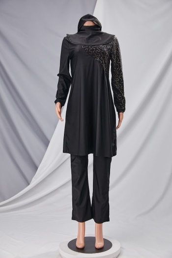 muslim style sequin decor spliced stretch unpadded stylish conservative high quality three-piece burkini