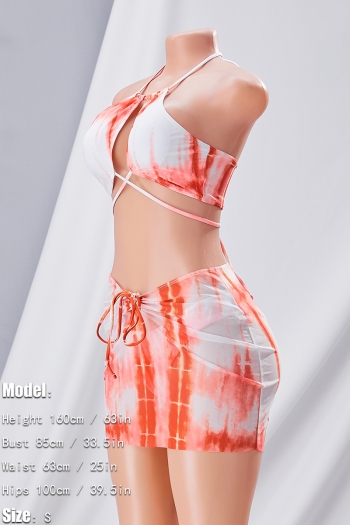 New tie-dye padded halter-neck self-tie sexy two-piece bikini with drawstring beach skirt