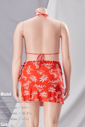 L-4XL plus size batch printing padded halter-neck lace-up backless sexy two-piece swimsuit with split slim short skirt