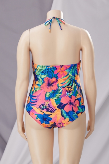 L-4XL plus size flower leaf batch printing padded halter-neck lace-up backless sexy one-piece swimsuit