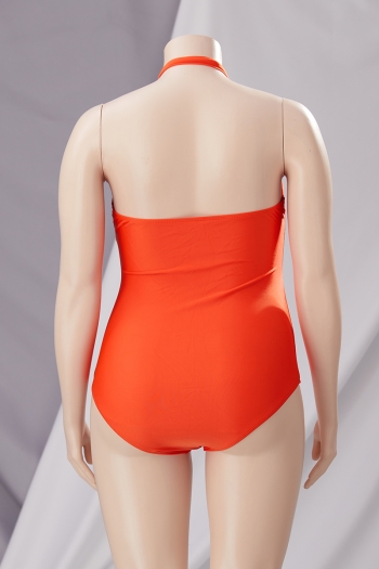 L-4XL plus size solid color orange padded halter-neck lace-up hollow backless sexy one-piece swimsuit