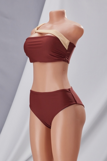New contrast color patchwork padded one shoulder high waist sexy two-piece swimsuit