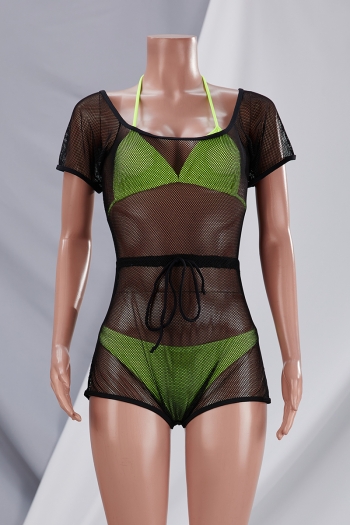 New solid color padded halter-neck triangle sexy two-piece bikini with see through mesh cover-ups