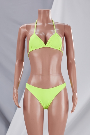 New solid color padded halter-neck triangle sexy two-piece bikini with see through mesh cover-ups