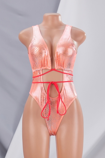 New orange snake bronzing padded deep v backless self-tie sexy hot one-piece swimsuit