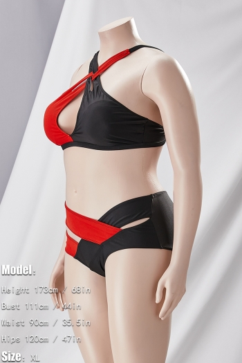 L-5XL plus size padded contrast color spliced crossed sling hollow metal-buckle design adjustable straps sexy two-piece swimsuit