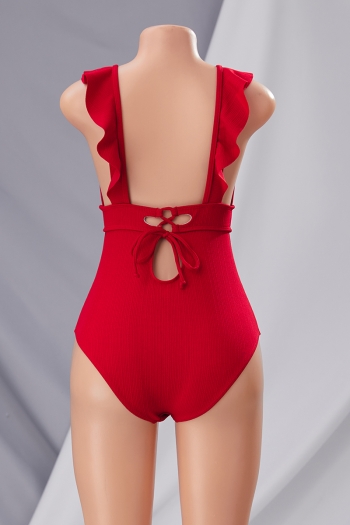 New pure color padded deep v ruffle backless tied sexy one-piece swimwear
