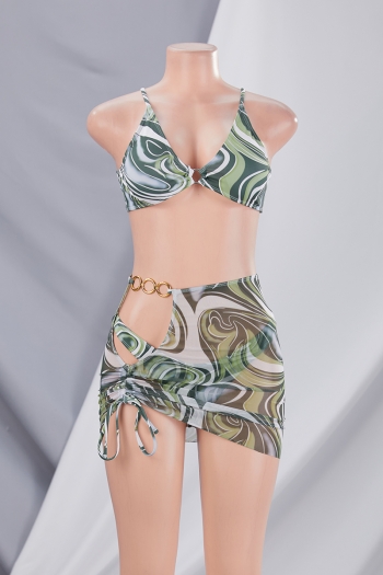 New batch printing padded adjustable straps metal-ring linked sexy two-piece bikini with drawstring beach skirt