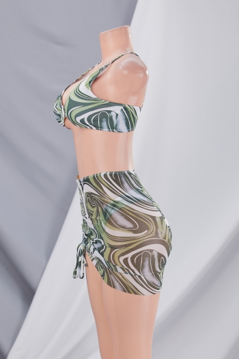 New batch printing padded adjustable straps metal-ring linked sexy two-piece bikini with drawstring beach skirt