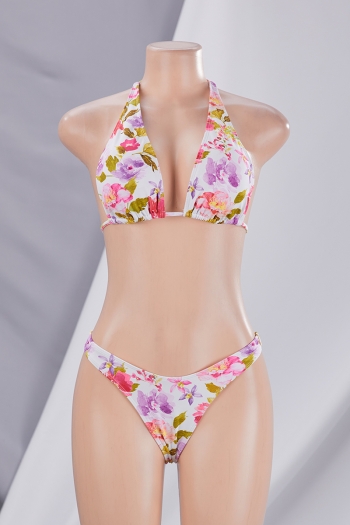 New flower & leaf batch printing padded halter-neck sexy two-piece bikini with beach mini skirt
