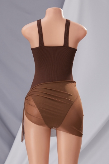 New solid color ribbed knit padded hollow tied sexy one-piece bikini with mesh beach skirt