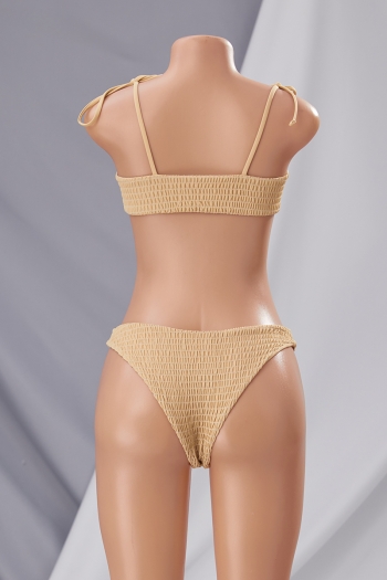 New pure color smocked padded tie-shoulder ring linked sexy two-piece bikini
