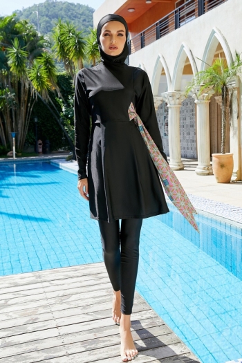 muslim style floral printing patchwork stretch unpadded hoodied lace-up stylish conservative high quality two-piece burkini