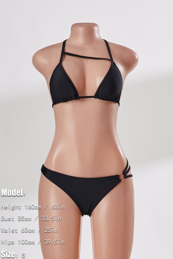 New solid color padded hollow halter-neck lace up metallic-ring connected stylish sexy two-piece bikini