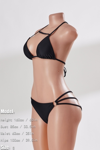 New solid color padded hollow halter-neck lace up metallic-ring connected stylish sexy two-piece bikini