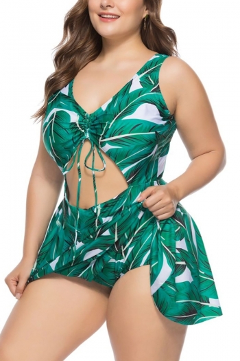 xl-5xl plus size leaf batch printing padded strappy hollow lace up panties lining spliced dress style one-piece swimsuit