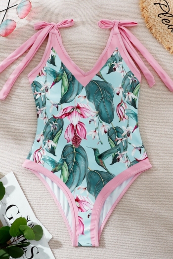 new floral & leaf & bird batch printing padded strappy lace up stylish pretty one-piece bikini