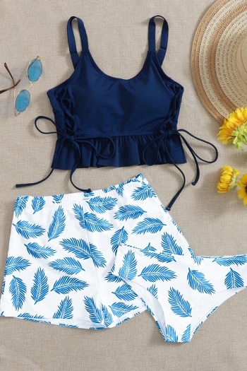 sexy tropical style leaf batch printing padded adjustable straps lace-up three-piece swimwear