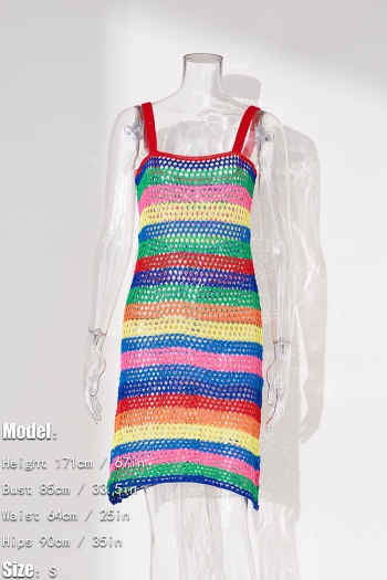 Sexy cut out rainbow stripe knitted beach dress cover-ups(only cover-ups)