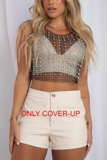 sexy slight stretch pearl rhinestone see through vest cover-up(only cover-up)