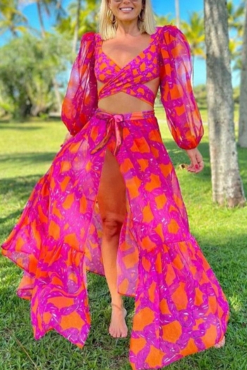 sexy batch print ruffle padded crossed drawstring high slit three-piece swimsuit