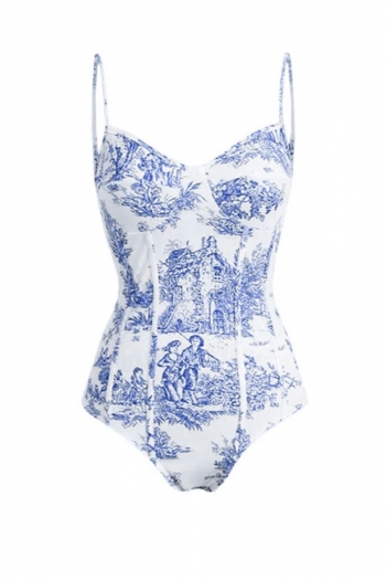 retro humanistic scenery print padded underwire one-piece swimsuit