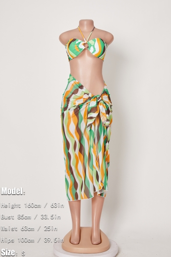 Sexy stripe batch printing padded halter-neck lace-up three-piece swimsuit