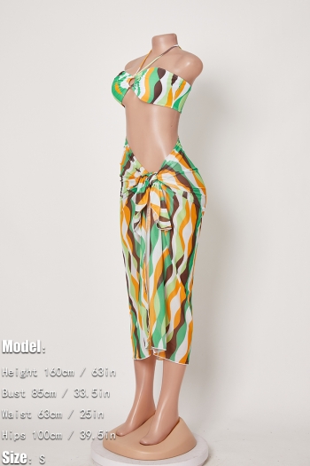 Sexy stripe batch printing padded halter-neck lace-up three-piece swimsuit