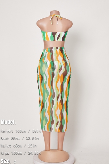 Sexy stripe batch printing padded halter-neck lace-up three-piece swimsuit