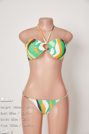 Sexy stripe batch printing padded halter-neck lace-up three-piece swimsuit