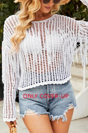 sexy slight stretch cut out knitted tassel beach top cover-up(only cover-up)