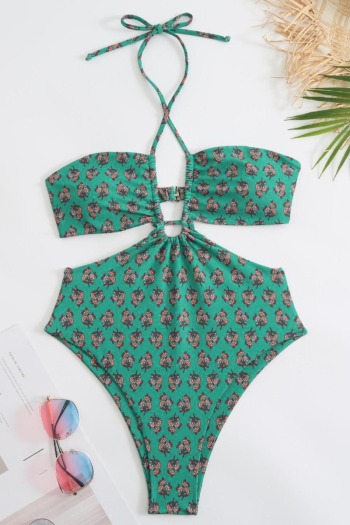 sexy padded floral batch printing hollow halter-neck one-piece swimwear