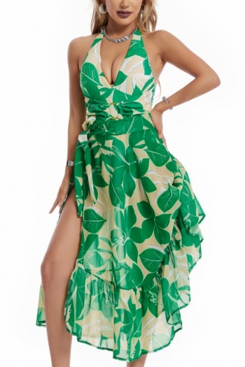 sexy leaf printing padded one piece swimsuit with mesh skirt cover-up