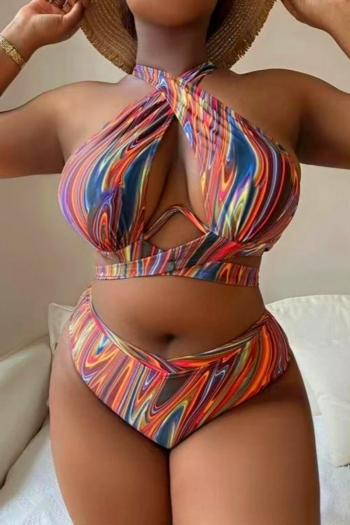 sexy plus size batch printing padded underwire backless lace-up tankini sets