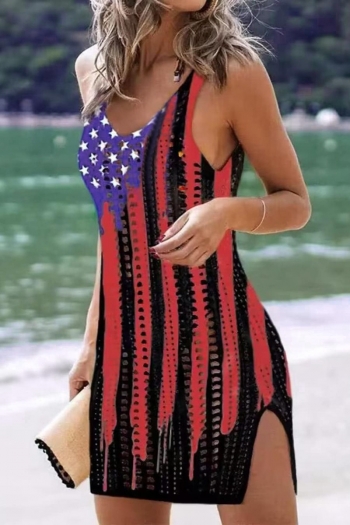 sexy plus size american flag printing cutout knitted beach dress cover-up #3