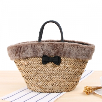 new stylish fluff splice bow hand woven bag vacation straw bag