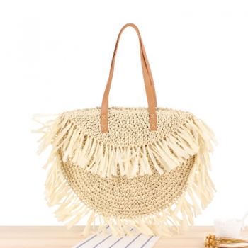 new stylish solid color semi-circular fringe one-shoulder straw braided spike paper woven bag