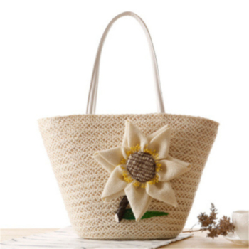 new two colors stylish hemp flower zip-up closure foldable beach woven bag with lining