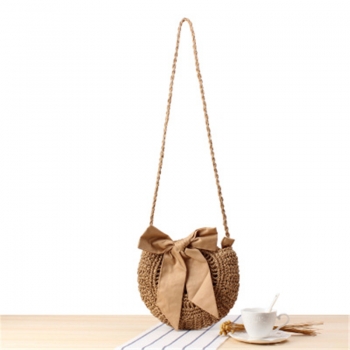 solid color bow-knotted decorated zip-up closure stylish straw woven foldable crossbody