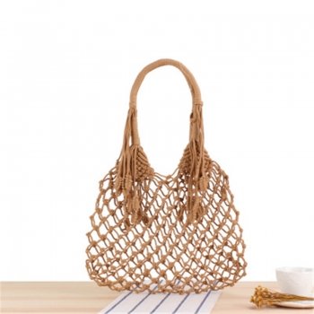 solid color handle design stylish beach foldable woven net bag