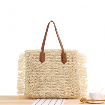 two colors zip-up closure tassel stylish beach straw woven foldable handbag