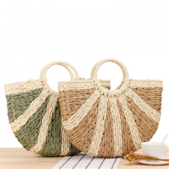 two colors round handle design stylish beach straw woven handbag